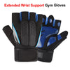 Black and blue extended wrist support gym gloves for weightlifting and fitness