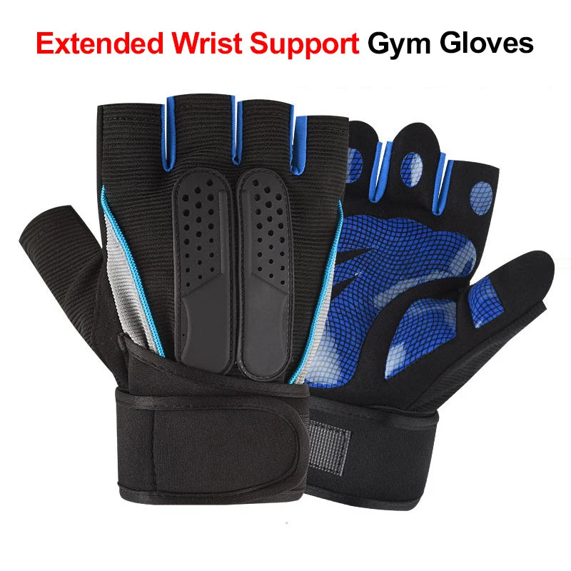 Black and blue extended wrist support gym gloves for weightlifting and fitness