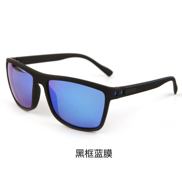 Black frame polarized square sunglasses with blue mirrored lenses