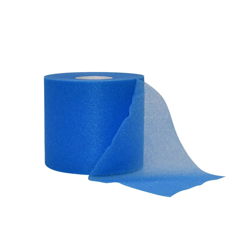 A roll of blue protective foam athletic tape wrap, partially unwrapped and showing a translucent sheet.