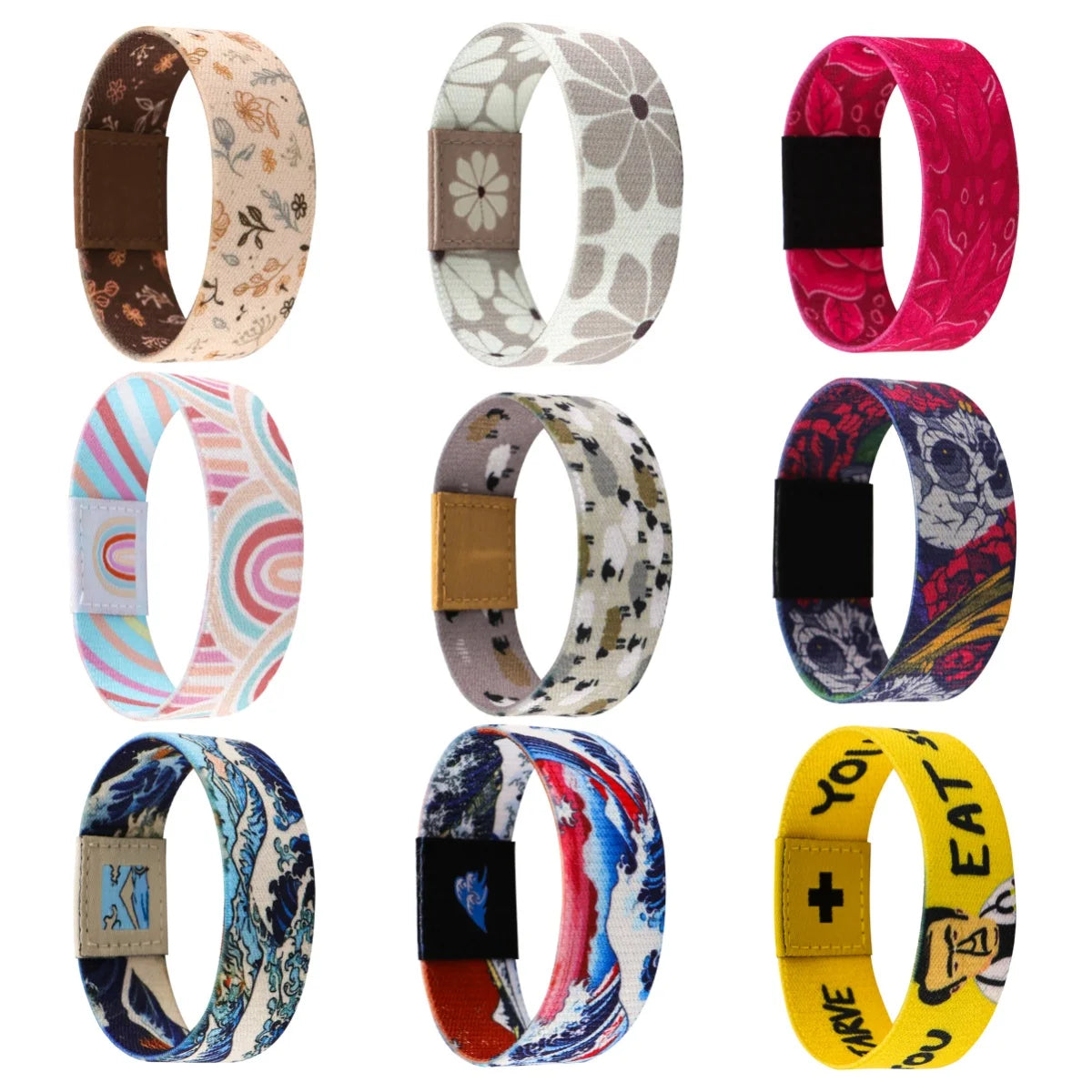 A collection of various stretch silicone wristbands featuring floral and abstract patterns in earthy, pink, and multicolored 