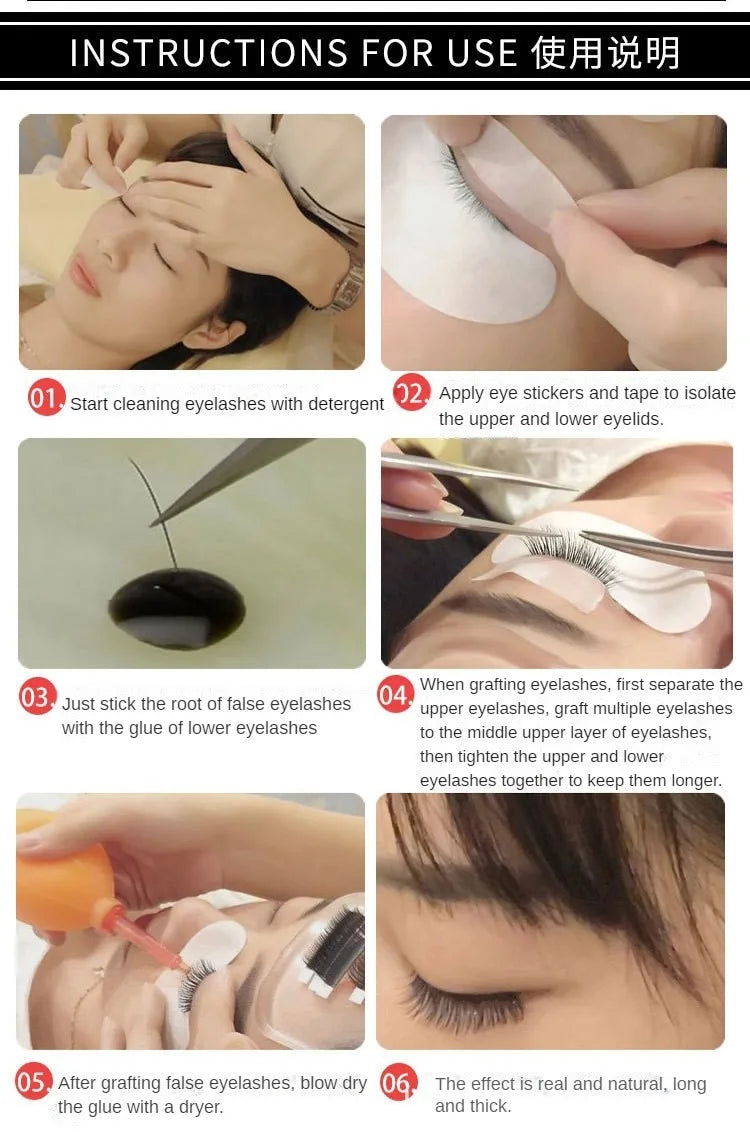 Instructions for using transparent fabric eyelash extension tape, showing steps for applying and grafting false eyelashes.