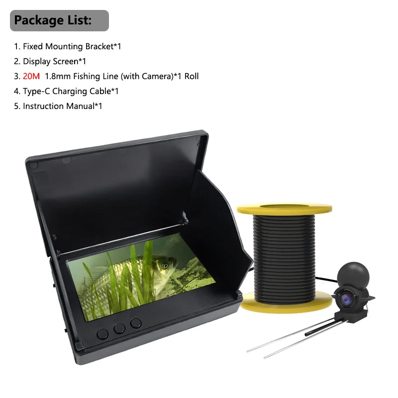 A black box containing a fishing camera and accessories, including a lens and mounting bracket.