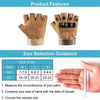Pair of tan protective training gloves shown with a size chart and instructions for selection.