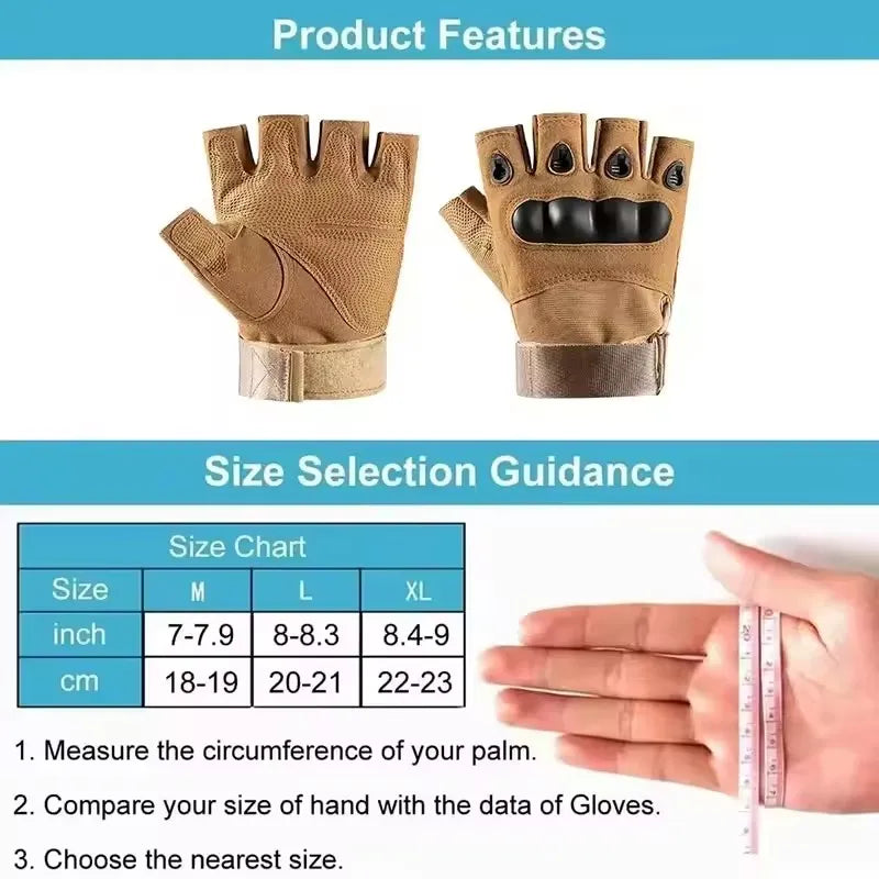 Pair of tan protective training gloves shown with a size chart and instructions for selection.