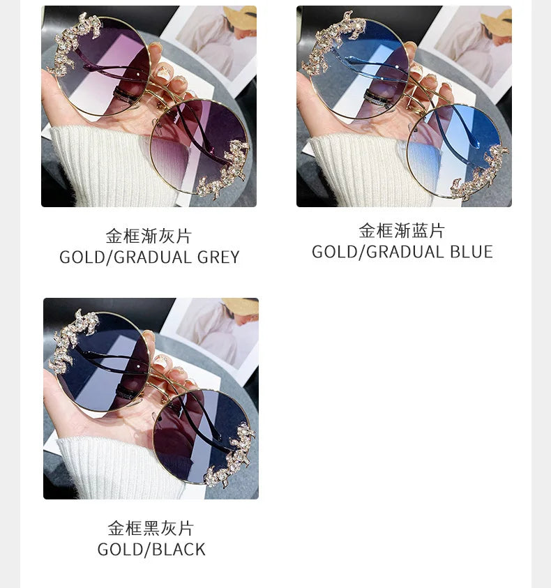 Women's Rhinestone Oversized Round Sunglasses with UV400 Protection