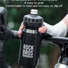 A black Rock Bros sports water bottle is shown being held by a hand, demonstrating its concave shape for easy gripping.