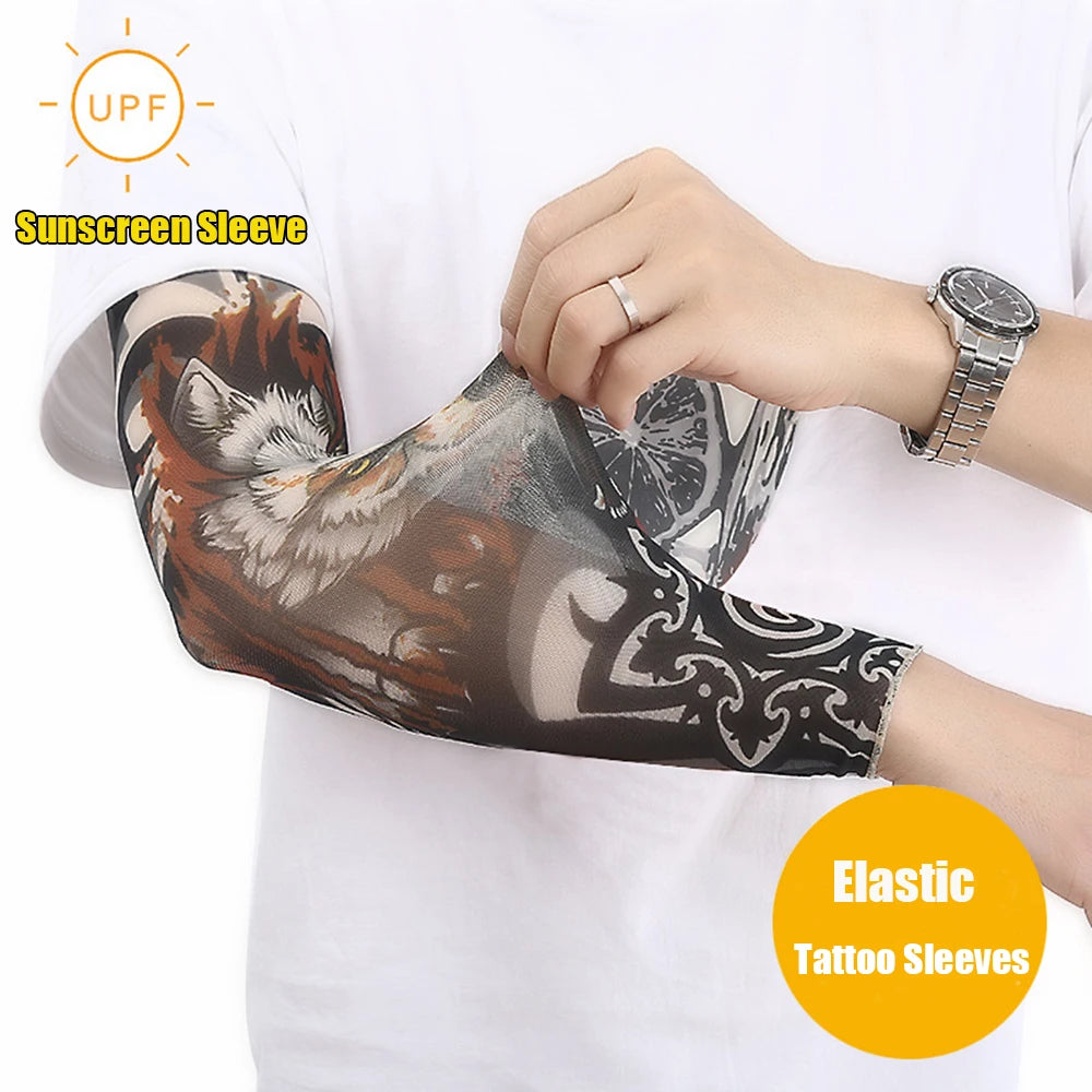 A person is wearing black and gray tattoo-themed elastic sleeves on their forearm, demonstrating UV protection.
