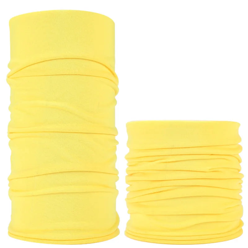 Yellow seamless fabric headbands and balaclavas rolled up
