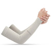 A hand wearing a light beige summer ice silk anti-sunburn arm sleeve.