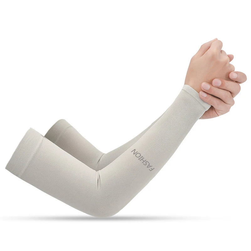 A hand wearing a light beige summer ice silk anti-sunburn arm sleeve.