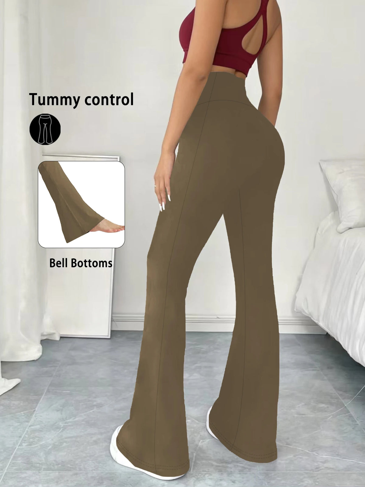 A model wearing brown high-waisted yoga leggings with flare details, demonstrating tummy control and bell bottoms.