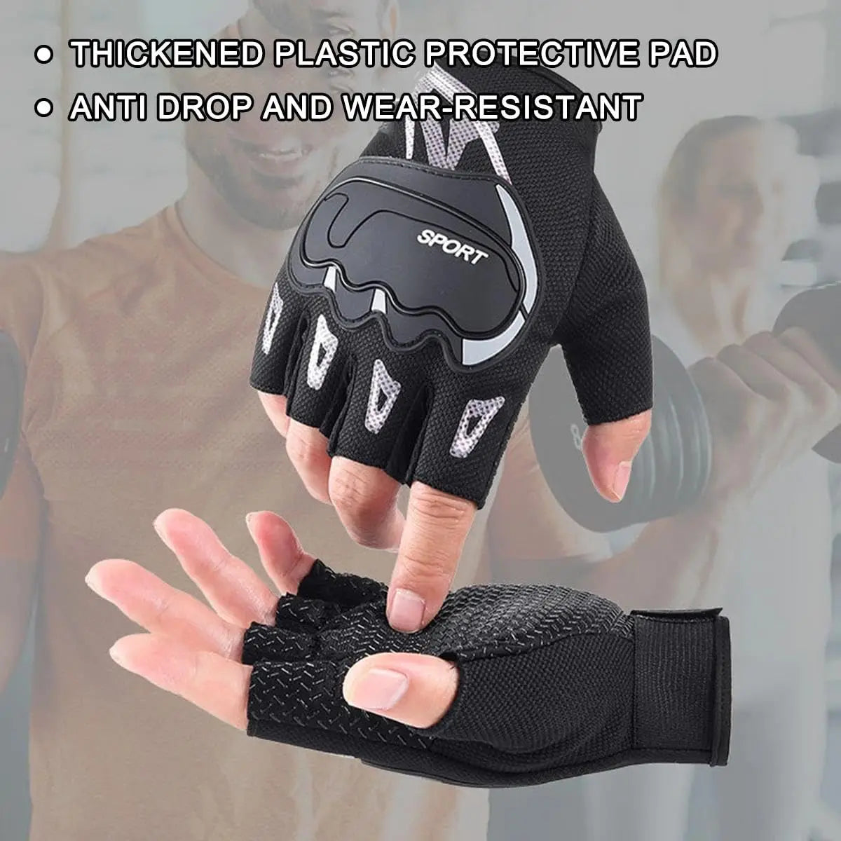 A hand wearing a black sports glove with a protective pad is shown against a blurred background.