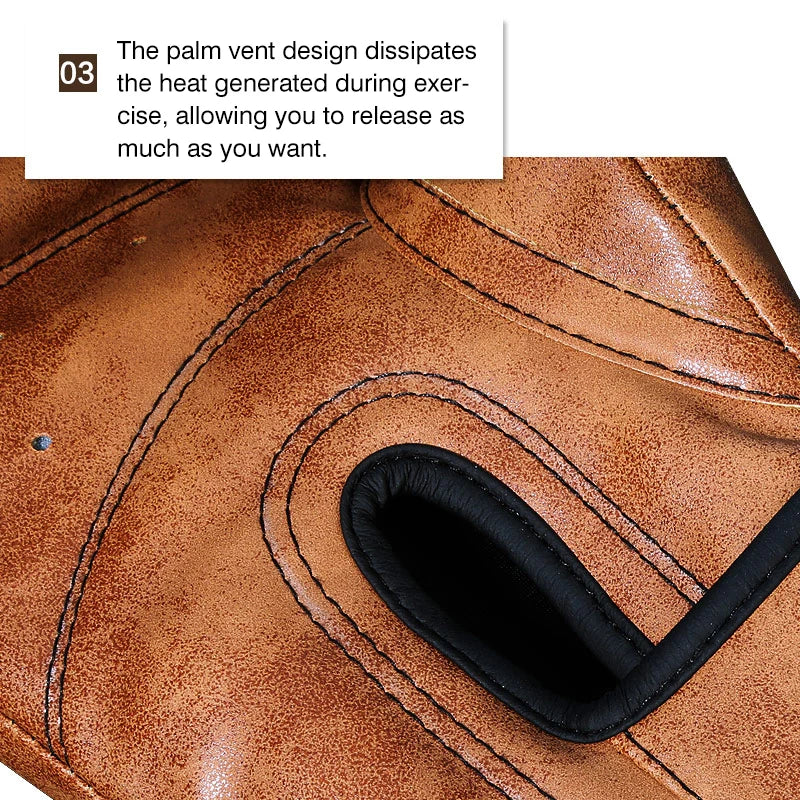Close-up of a brown PU leather boxing glove showing the palm vent design.