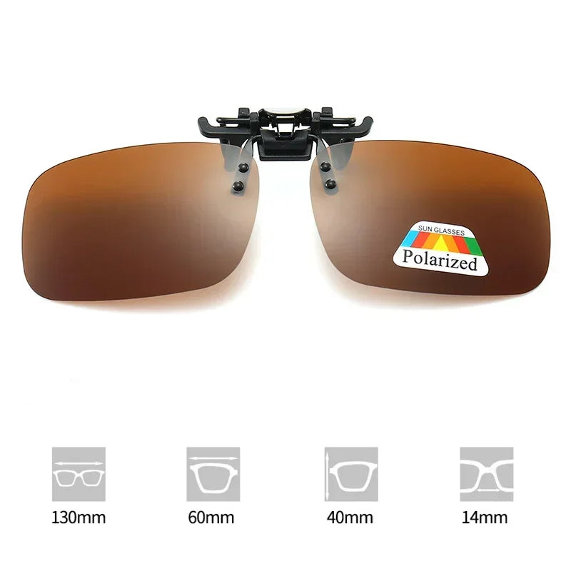 A pair of brown polarized driving sunglasses with various lens sizes shown for comparison.