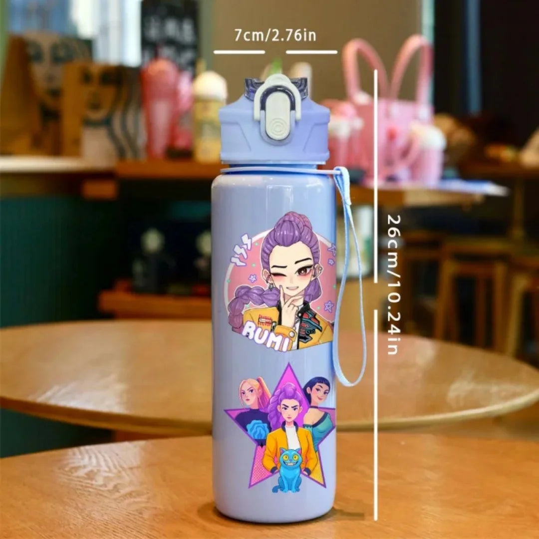 A light purple cartoon character water bottle featuring a stylized female figure with purple hair and pink accents.