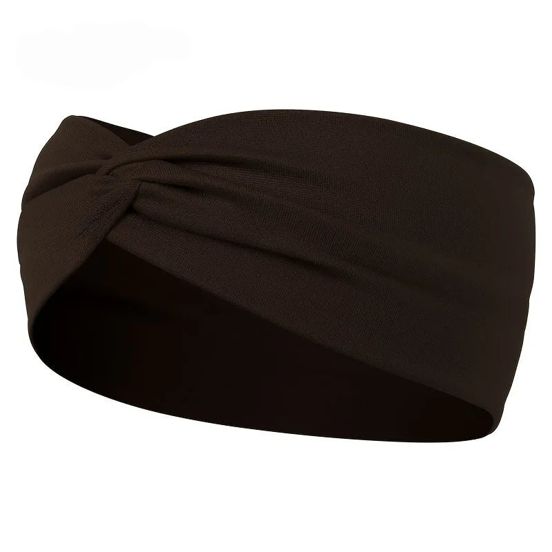 A black knotted elastic sports headband is shown from the side.