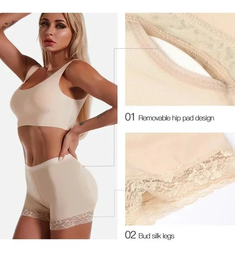 Un mannequin portant un slip moulant beige sans couture, présentant des caractéristiques comme un coussinet de hanche amovibl