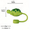 A lime green silicone straw cover shaped like a turtle, measuring 16mm in height and 33mm in length.