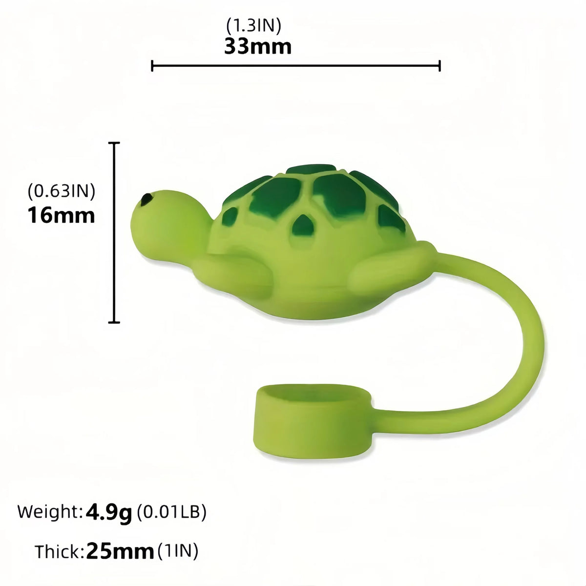 A lime green silicone straw cover shaped like a turtle, measuring 16mm in height and 33mm in length.