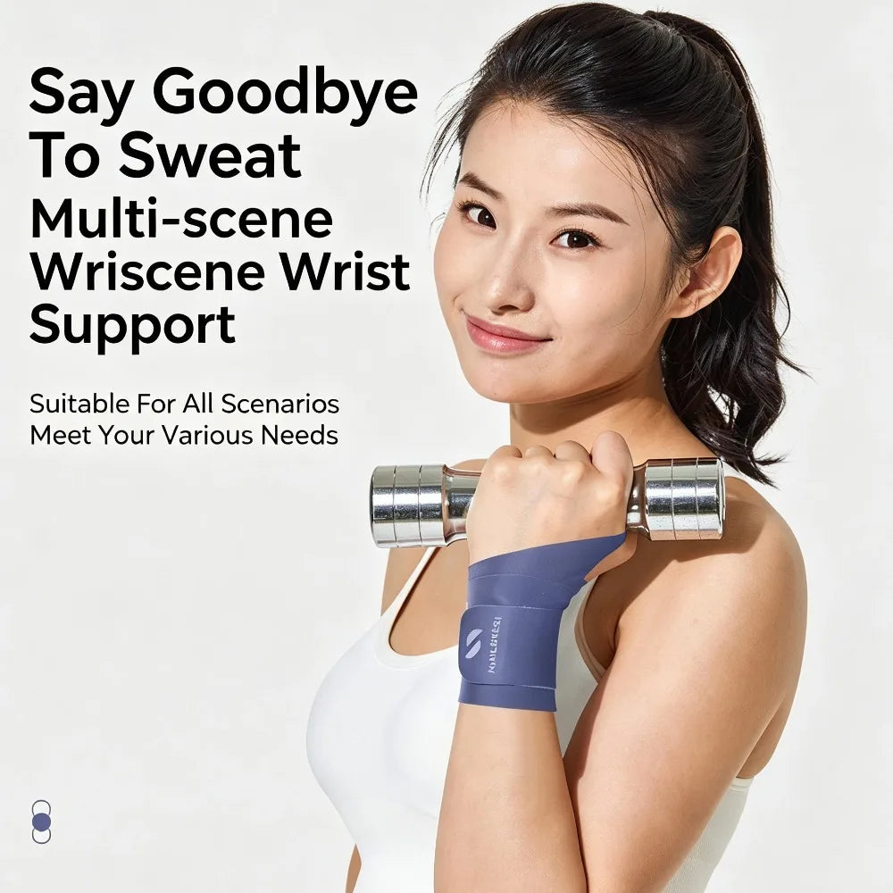 A woman is wearing a purple wrist support brace on her arm, demonstrating the multi-scene wrist support product.