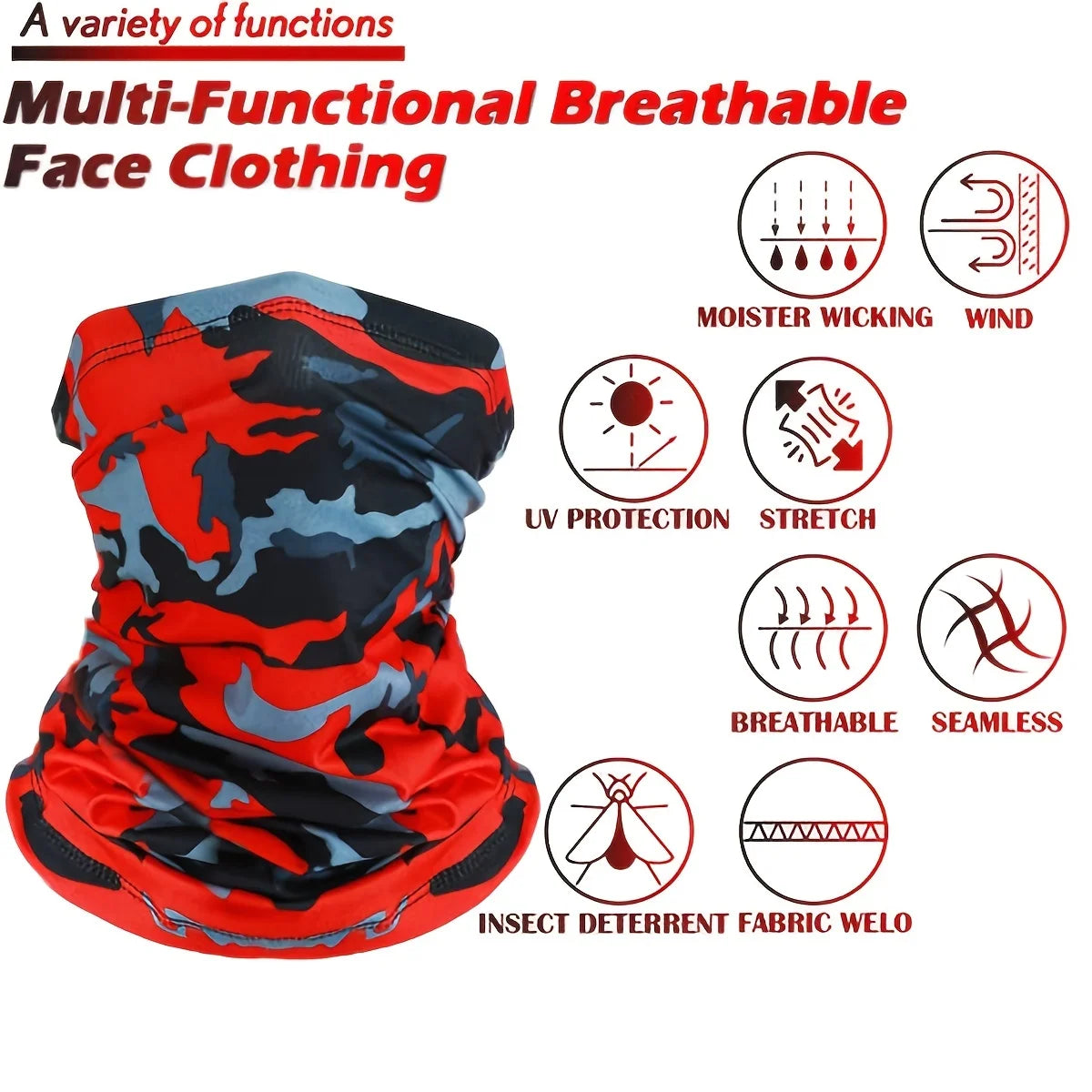 A multi-functional breathable face cloth in an orange and black camouflage pattern.