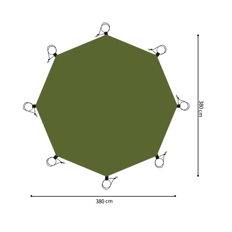 A large olive green waterproof camping ground mat shaped like a hexagon, shown flat.