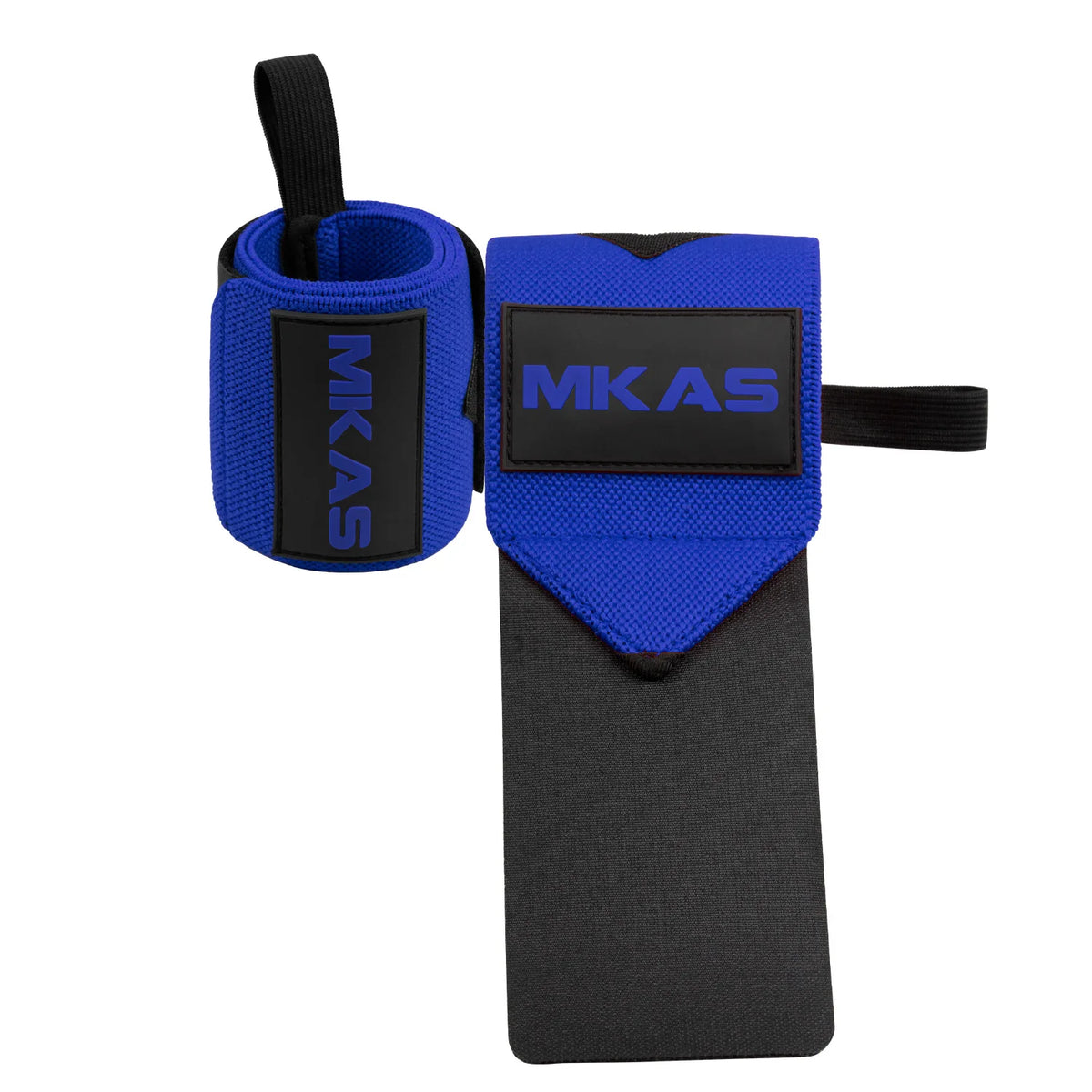 A set of blue and black wrist support wraps for fitness and lifting.