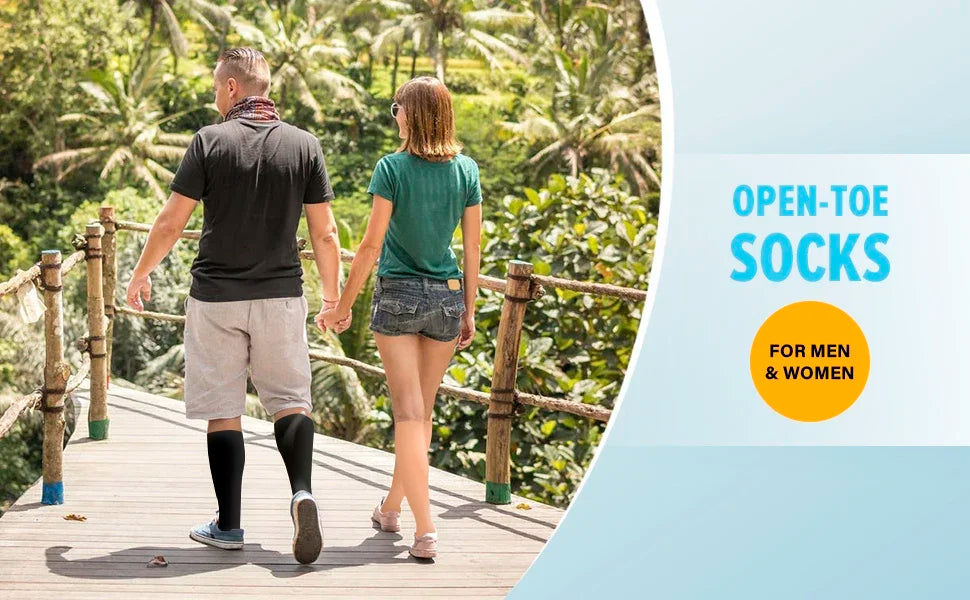 A man and a woman walking outdoors on a wooden deck, demonstrating open-toe socks.