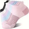 A stack of performance compression ankle socks in various pastel shades of pink, purple, and blue.