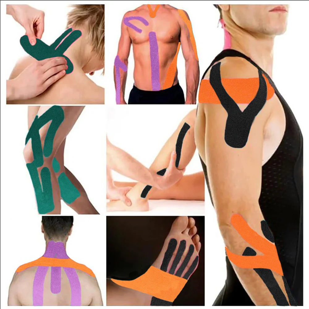 Various applications of professional athletic kinesiology tape on the human body, showing muscle and joint support.
