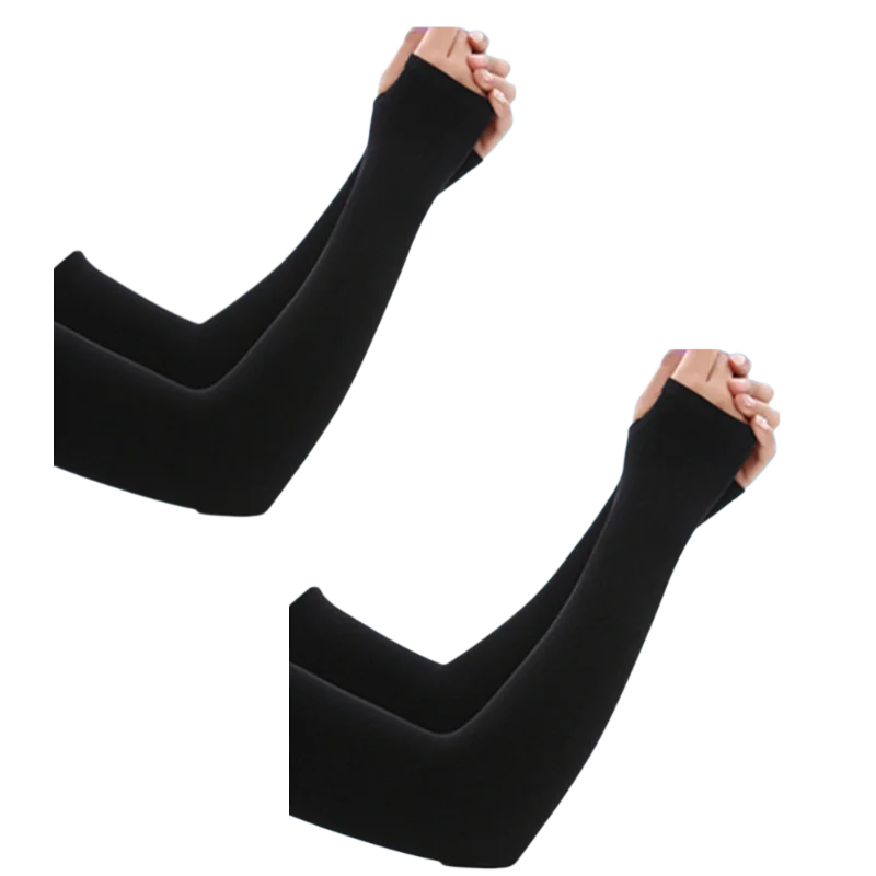 A pair of black ice silk arm sleeves shown on a hand and forearm.