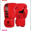 A pair of red PU leather boxing gloves with a black wrist strap and a logo on the cuff.