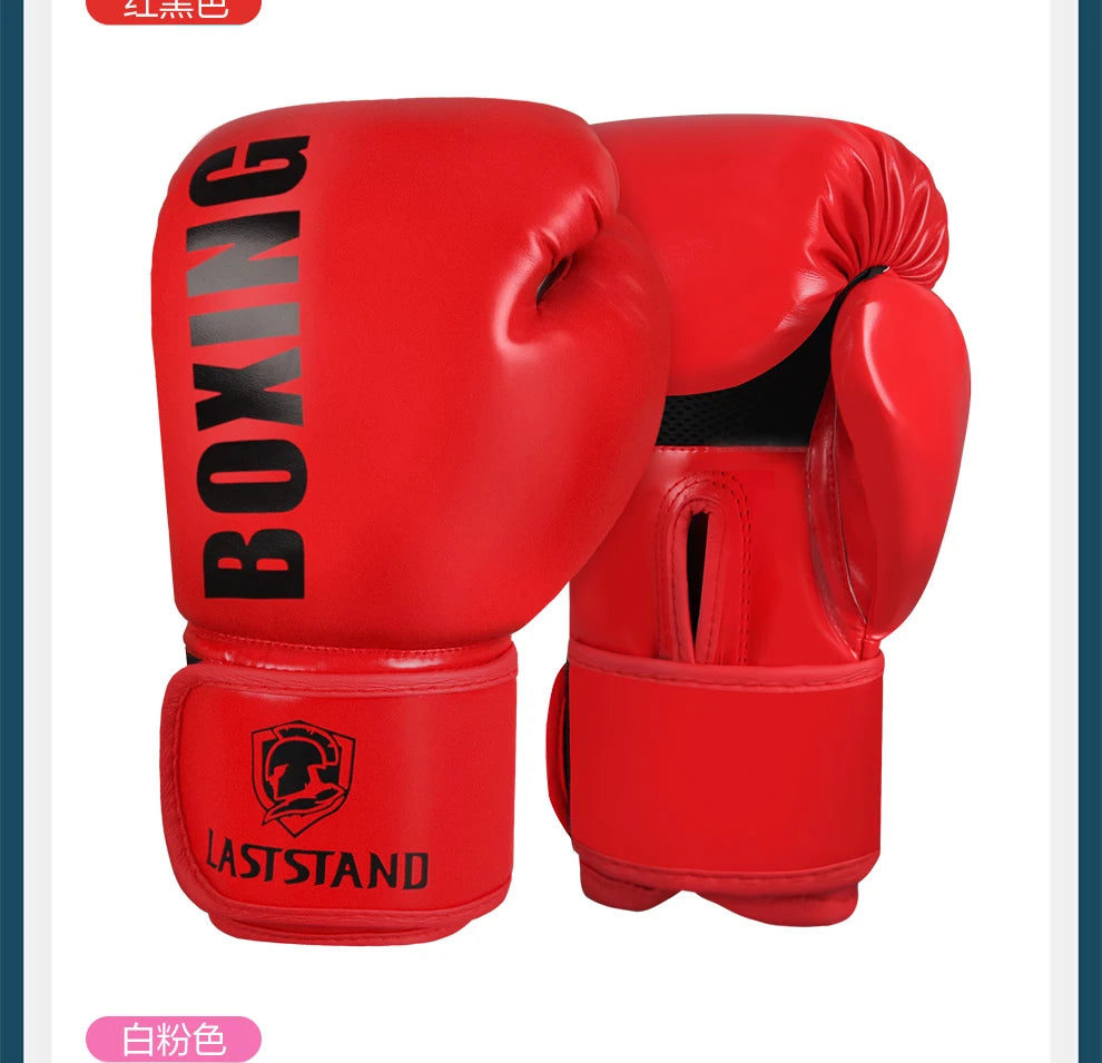 A pair of red PU leather boxing gloves with a black wrist strap and a logo on the cuff.