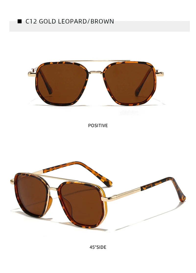 Brown leopard print sunglasses shown in positive and 45 degree side views.