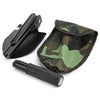 A black foldable multi-tool shovel is shown with its protective cover and blade attached.