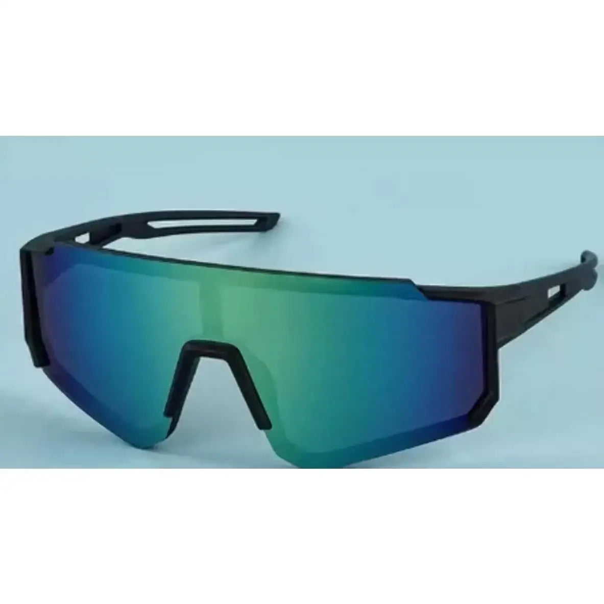 A pair of black sports sunglasses with mirrored blue-green lenses shown against a light blue background.