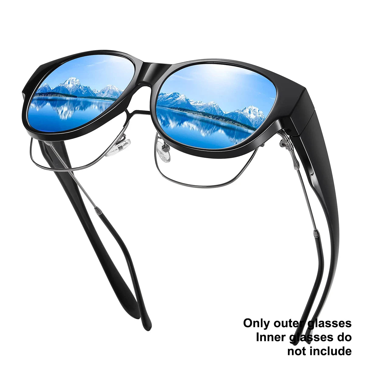 Black wrap-around sunglasses with blue mountain reflections on the lenses