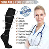A woman in a lab coat holds a pair of black high-compression stockings suitable for exercise and medical conditions.