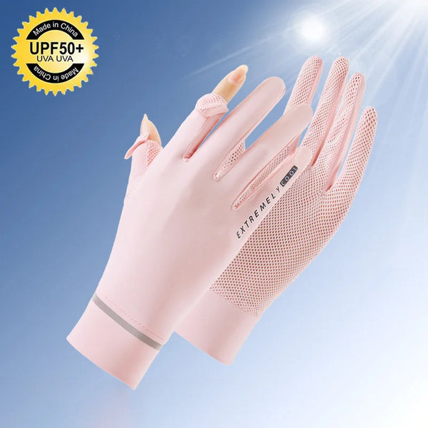 Pink UV protection gloves for summer cycling, made in China.