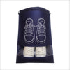 A dark blue reusable non-woven shoe storage bag with a white outline of a pair of sneakers visible through the clear plastic 
