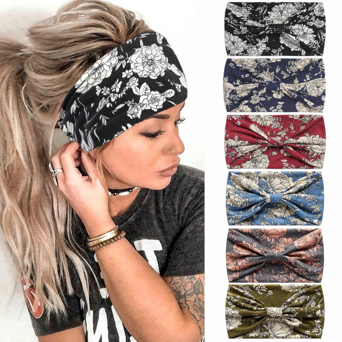 A woman models several floral patterned bohemian cotton stretch headbands in various colors and styles.