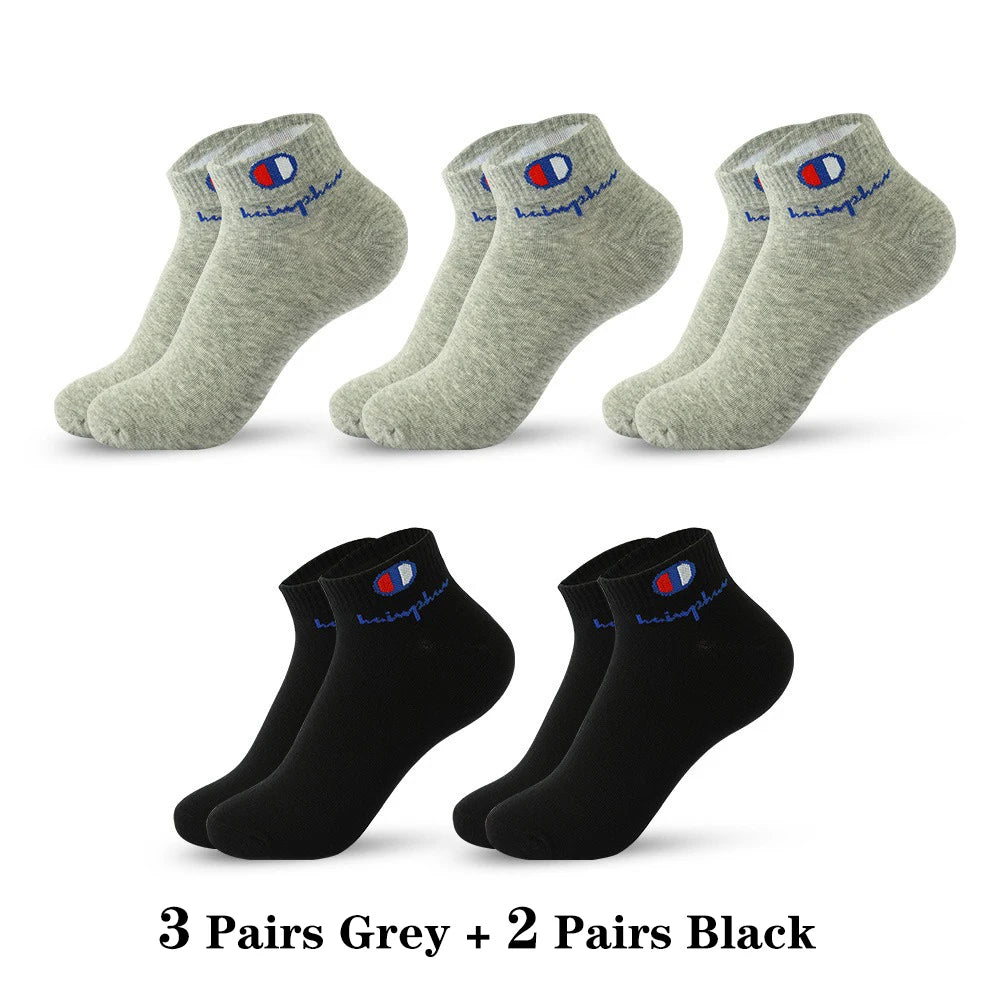 A collection of 5 pairs of ankle socks, including 3 pairs grey and 2 pairs black.