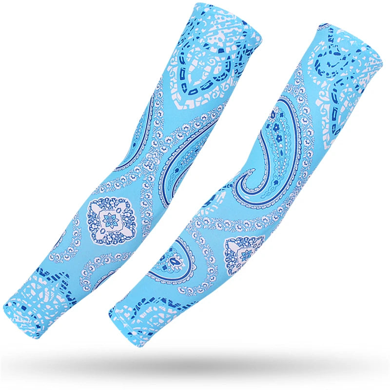 Pair of light blue paisley patterned sports arm sleeves for UV protection