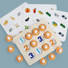 A set of wooden memory match puzzles featuring numbers and chess pieces on white cards.