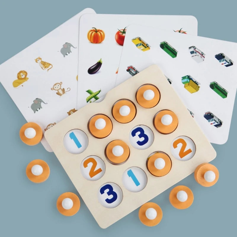 A set of wooden memory match puzzles featuring numbers and chess pieces on white cards.