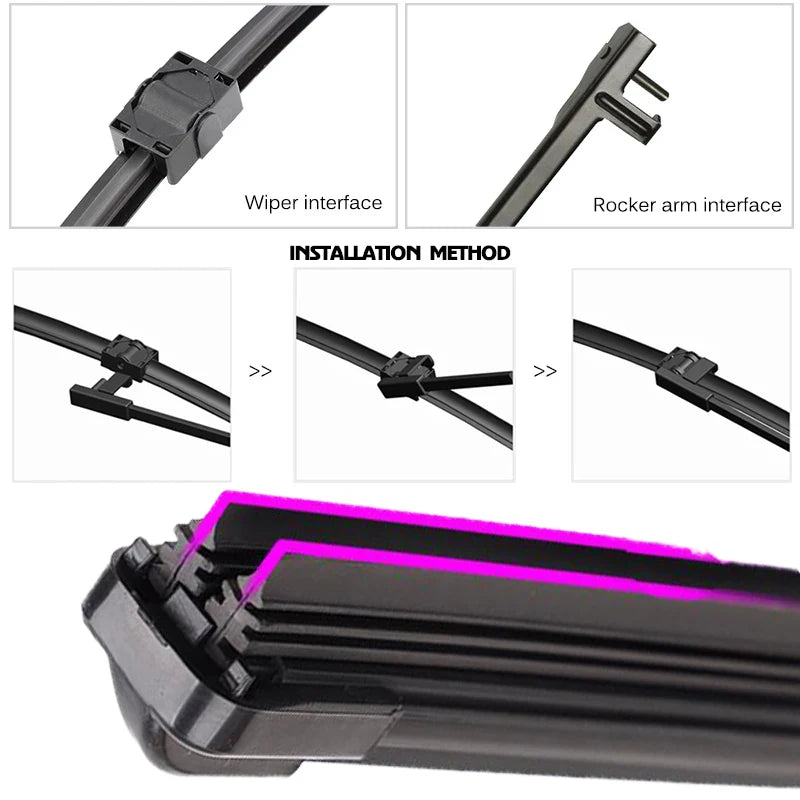 Installation method showing a wiper arm interface and a rocker arm interface for universal car wiper blades