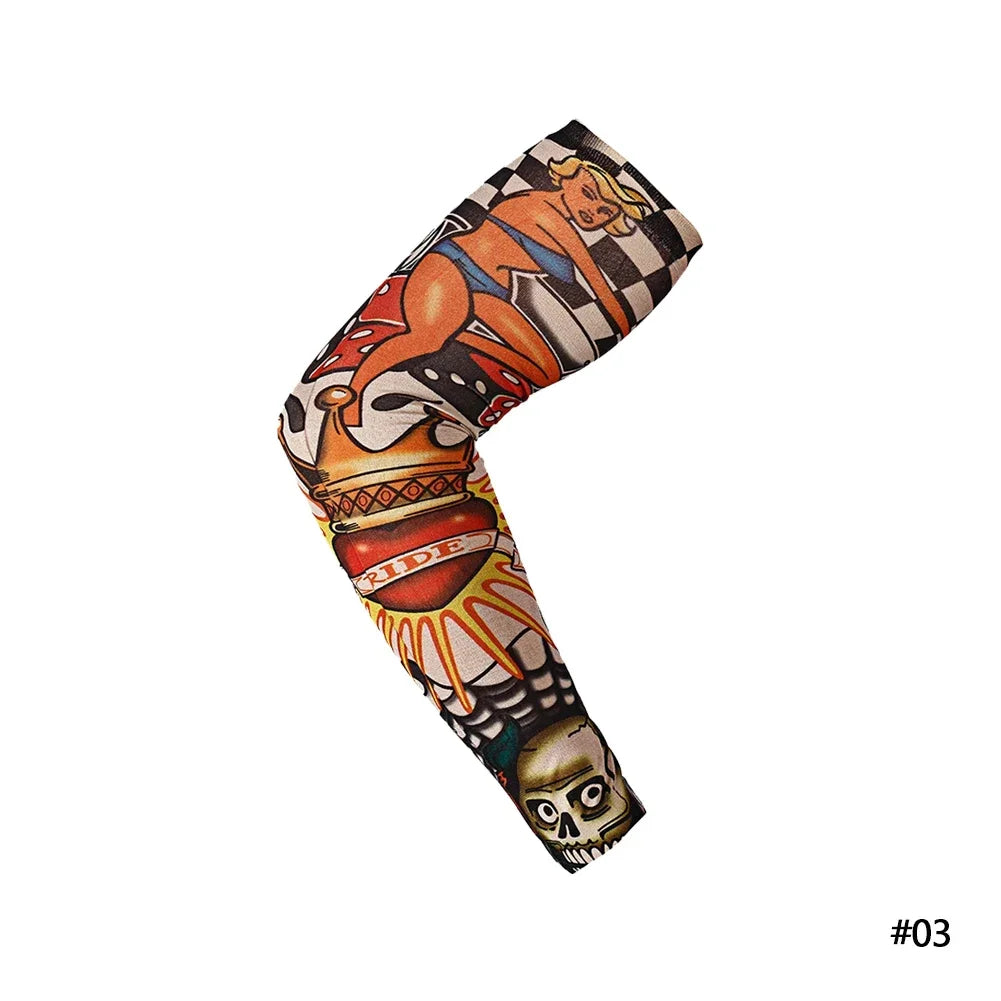 A reusable stretch tattoo arm sleeve featuring a graphic design of a blonde woman and a skull.