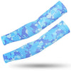 A pair of blue and gray tactical camouflage arm sleeves shown against a white background.