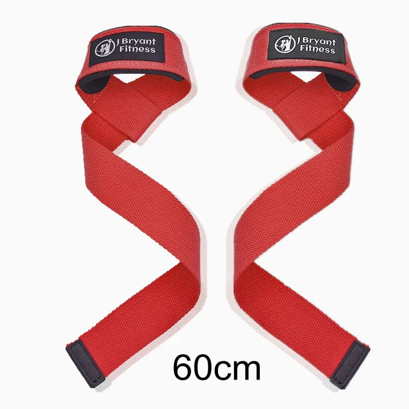 A pair of red gym wrist straps with black accents, shown flat, measuring 60cm.